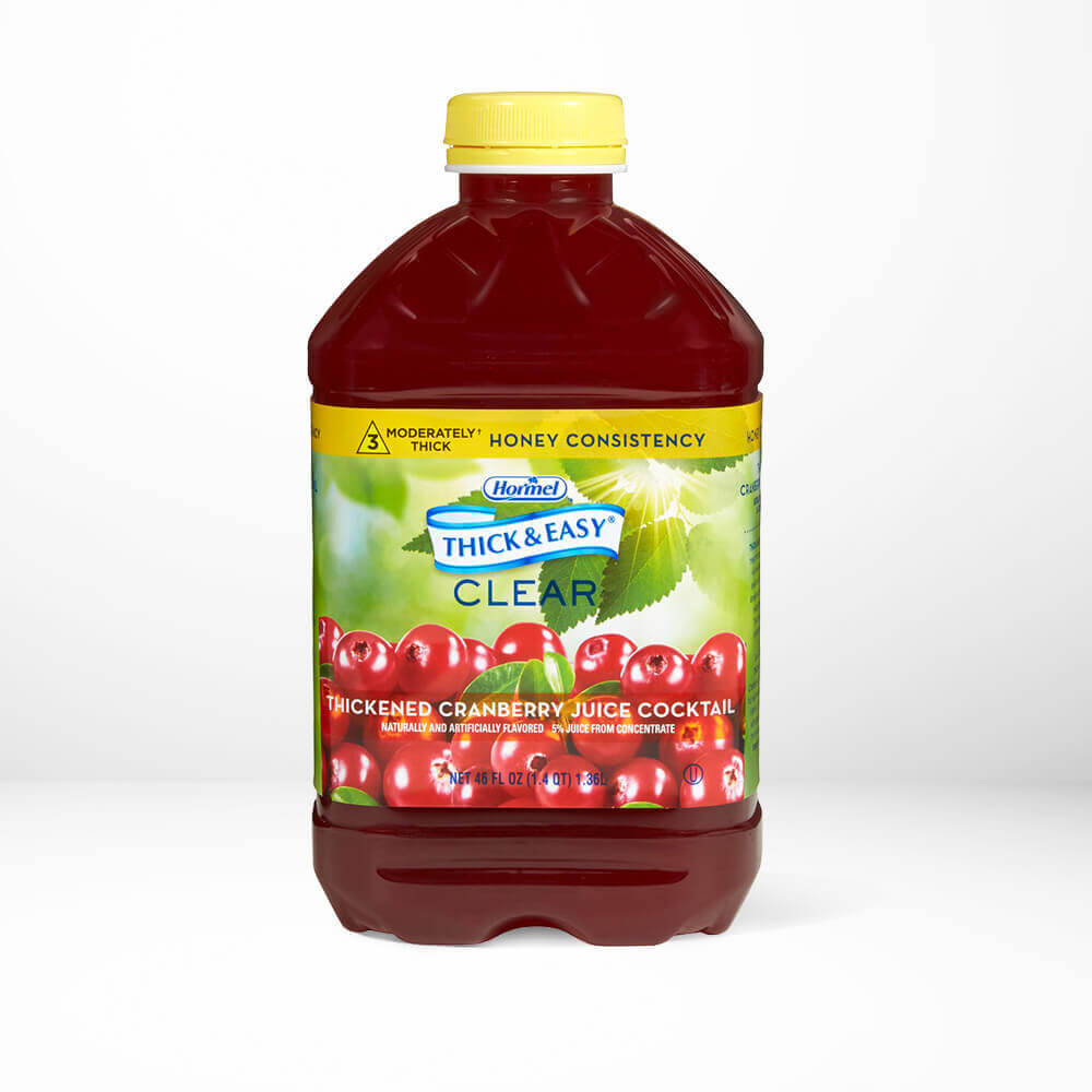 A bottle of Thick and Easy Clear cranberry juice cocktail