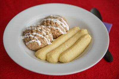 Minced jerk chicken and pureed breadsticks