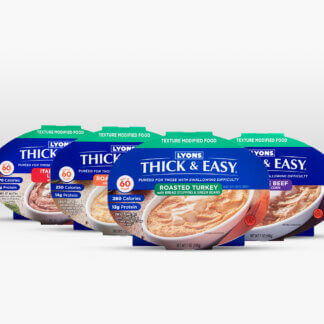 A group of Thick and Easy Pureed meals sitting on a table
