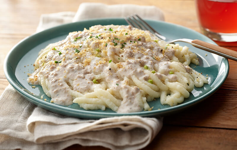 Thickened turkey tetrazzini on plate