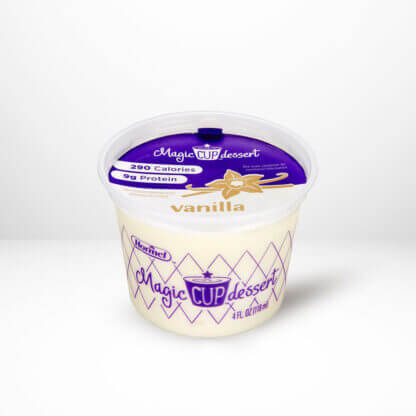 A cup of Magic Cup vanilla variety on a white table