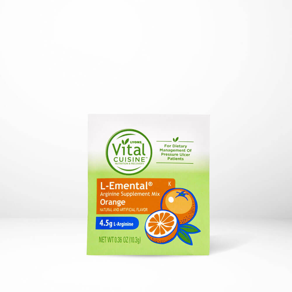 Hormel Vital Cuisine L-emental orange flavor packet on table